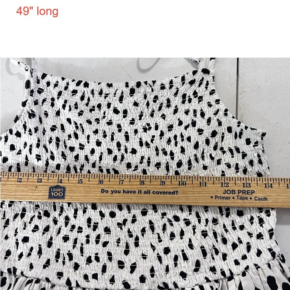 Black White Spotted Smocked Bubble Hem Midi Dress Medium Stretchy Spring Summer